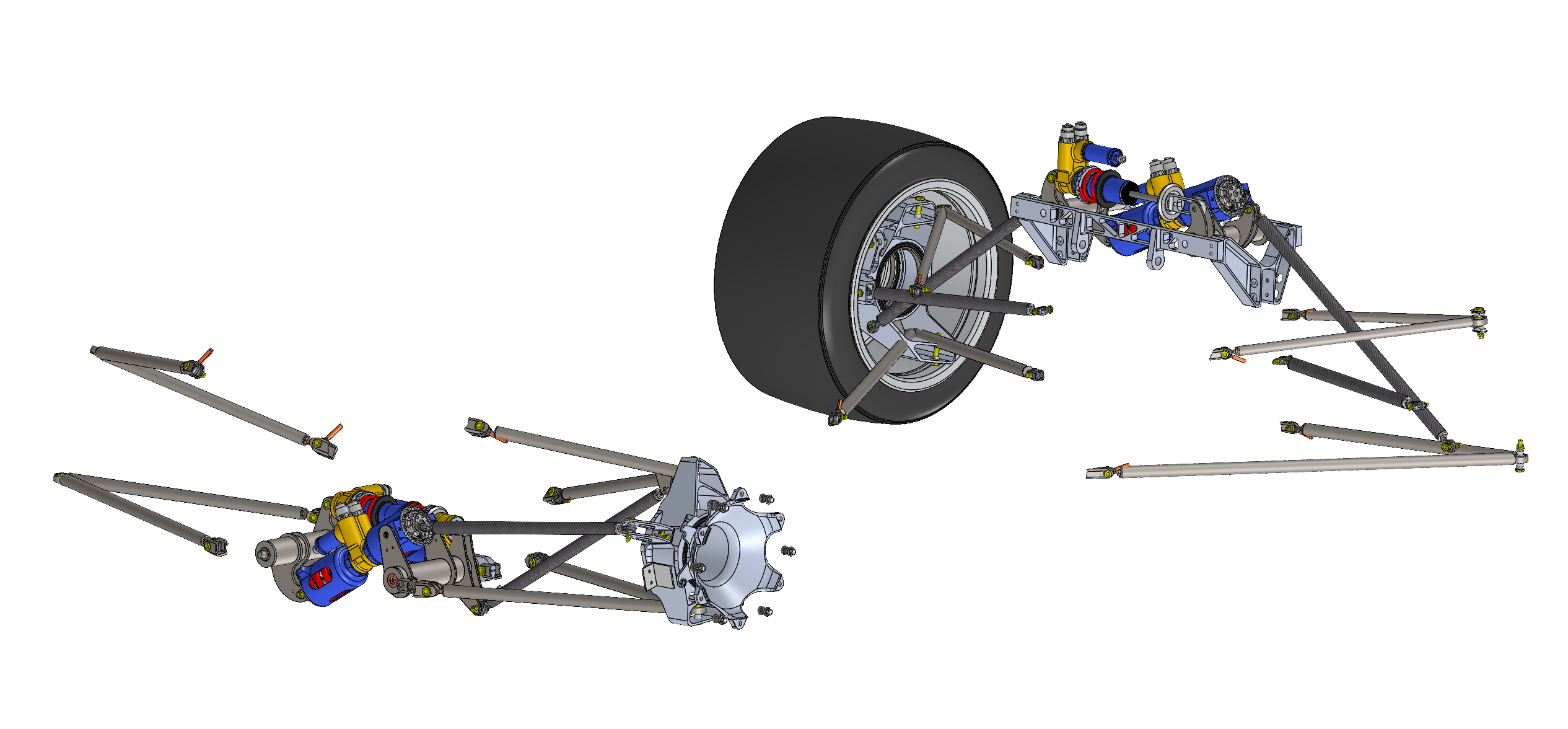 CAD assembly of Formula SAE suspension components, including control arms, uprights, a wheel, and inboard actuation hardware
